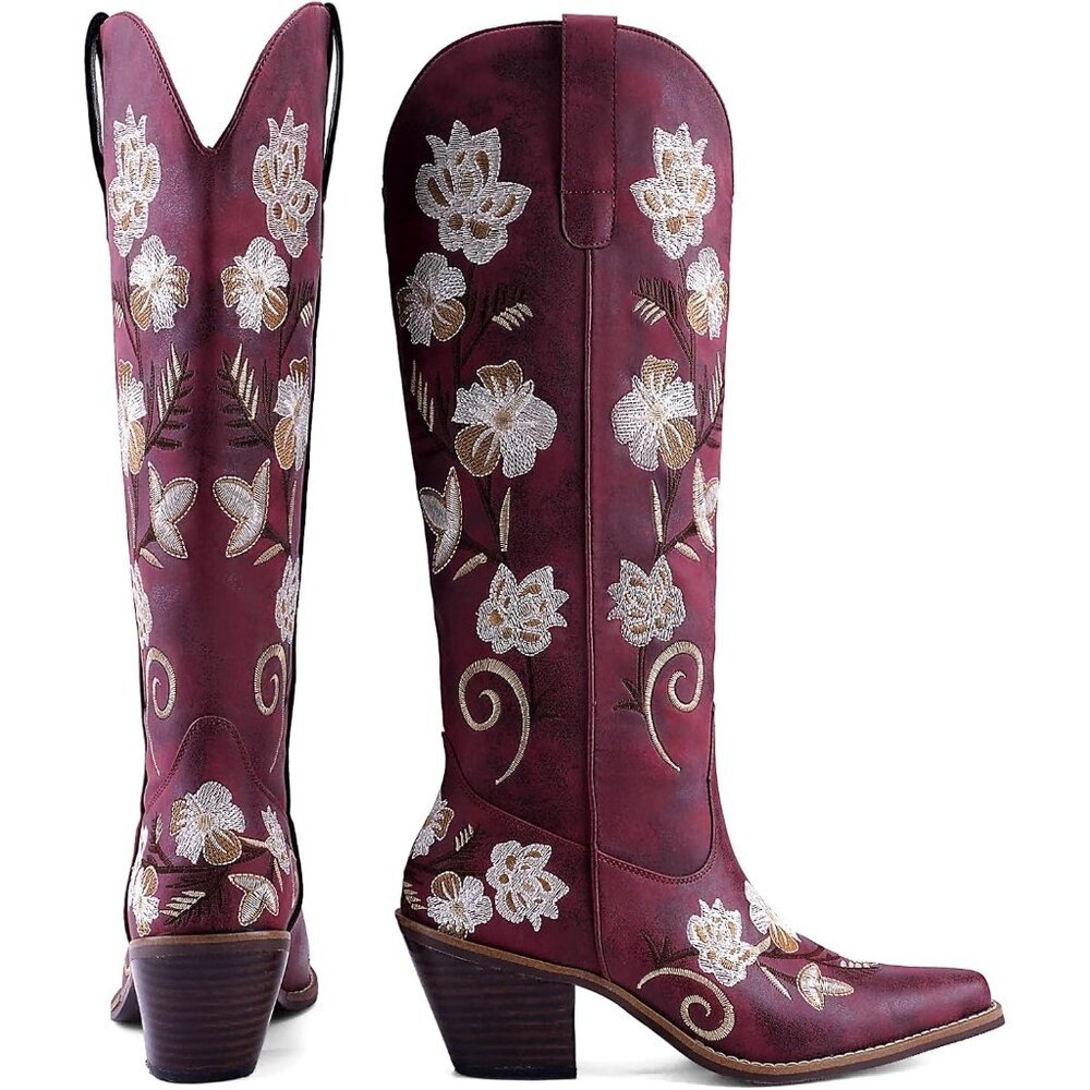 Women's Burgundy Cowboy Boots Knee High Floral Embroidered Western Boots Pull On - Picture 5 of 6